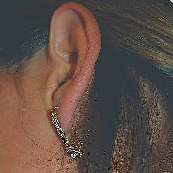 Gold Plated Rhinestone Safety-pin Earring, Multicolor, Punk, Hip Hop - Picture 2 of 8